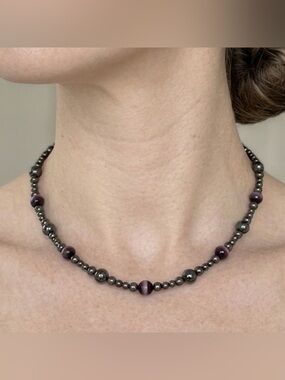 Purple Beaded Necklace Metallic Beads Boho Minimalist Magnetic Clasp